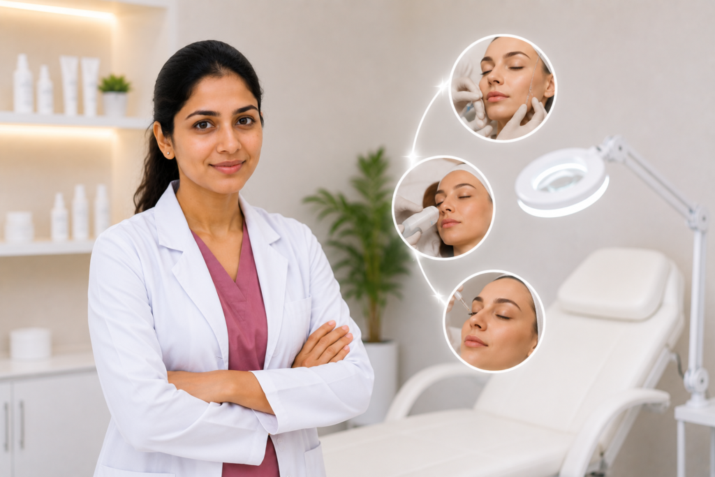 Doctor receiving hands-on aesthetic medicine training while performing an advanced skin treatment procedure under expert supervision.