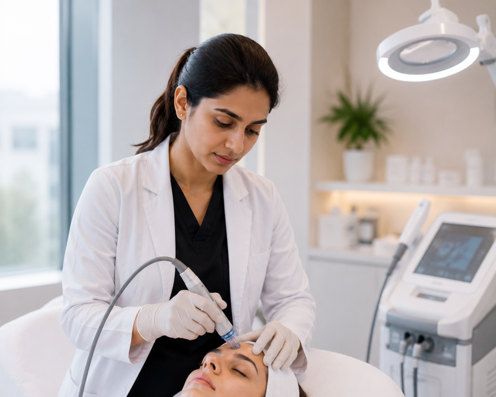 Female doctor returning to medical practice after a career break, receiving hands-on clinical cosmetology training and patient consultation experience