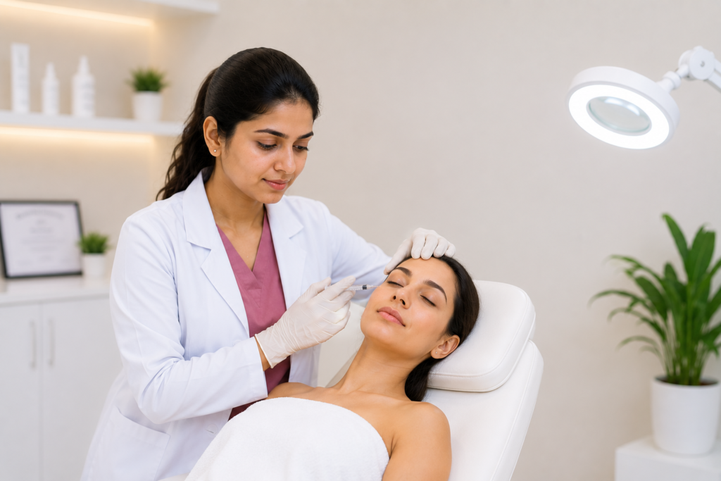 Doctor receiving hands-on clinical cosmetology training while performing an advanced aesthetic procedure under expert supervision.