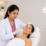 Doctor receiving hands-on clinical cosmetology training while performing an advanced aesthetic procedure under expert supervision.