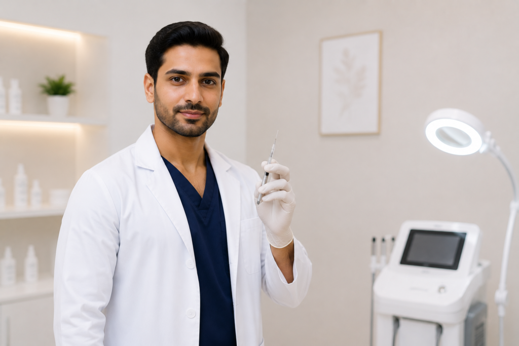 Aesthetic medicine doctor performing an injectable procedure under expert supervision to build confidence and practical clinical skills.