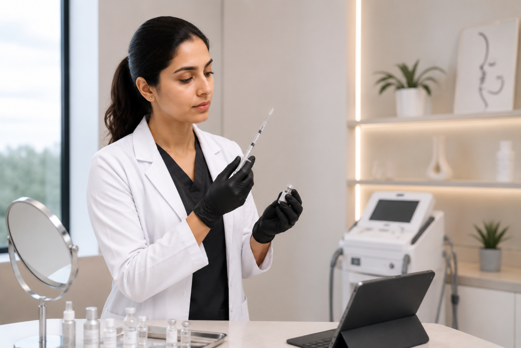 Doctor consulting with a patient during hands-on aesthetic medicine training to gain real clinical experience and patient interaction skills.