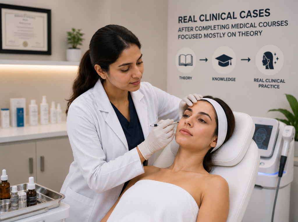 Doctor consulting with a patient during hands-on aesthetic medicine training to gain confidence in handling real clinical cases.