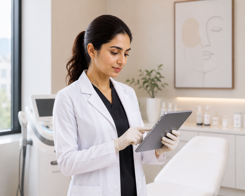 Female doctor balancing career growth, financial independence, and personal life through clinical cosmetology and aesthetic medicine training.