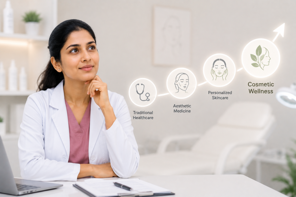 Doctor consulting a patient in a modern aesthetic clinic while discussing advanced skincare and cosmetic wellness treatments.