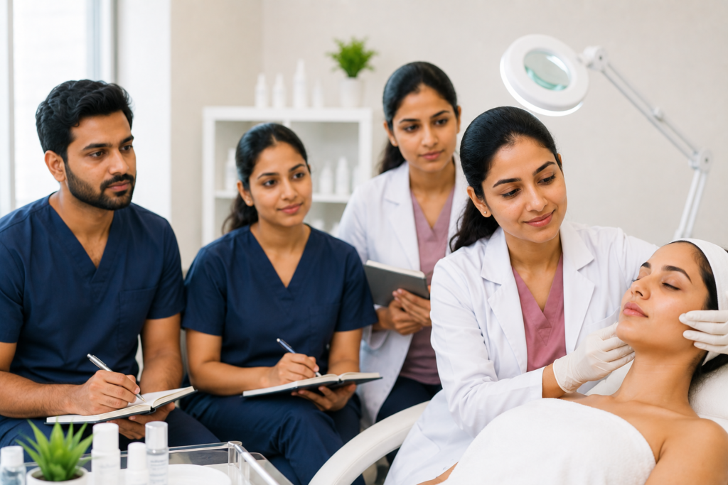 Doctor performing advanced aesthetic skin treatment during clinical cosmetology training to improve patient outcomes and skincare results.