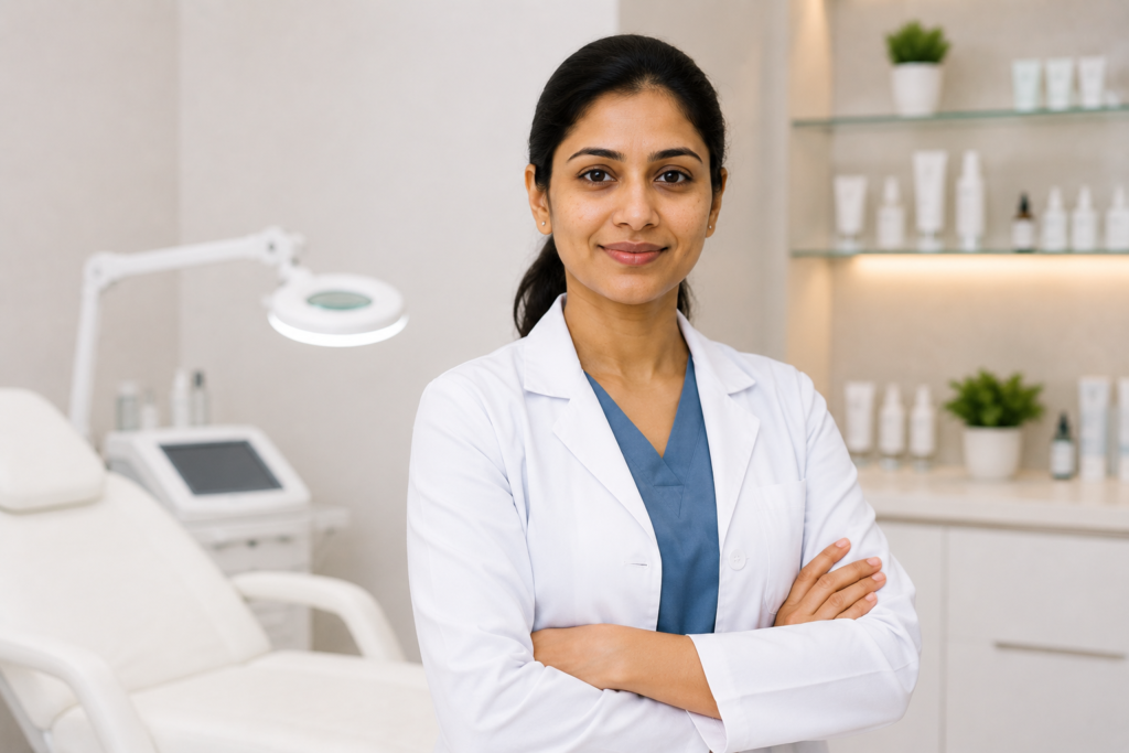 Female doctor in a modern aesthetic clinic discussing advanced clinical cosmetology and aesthetic medicine treatments with a patient.